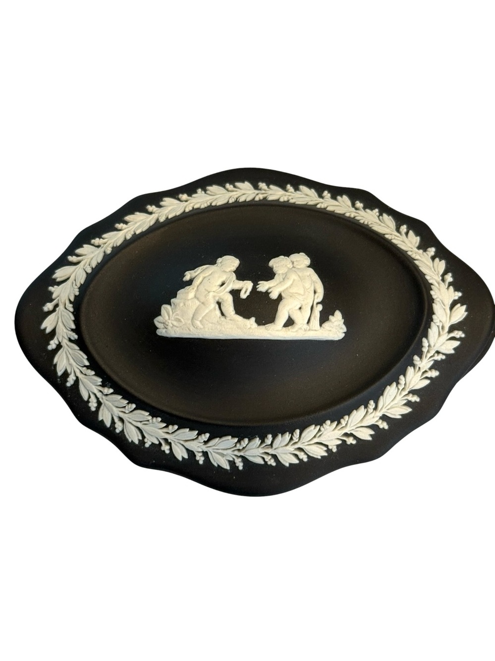 Wedgwood Black Jasperware trinket dish w/white bas relief